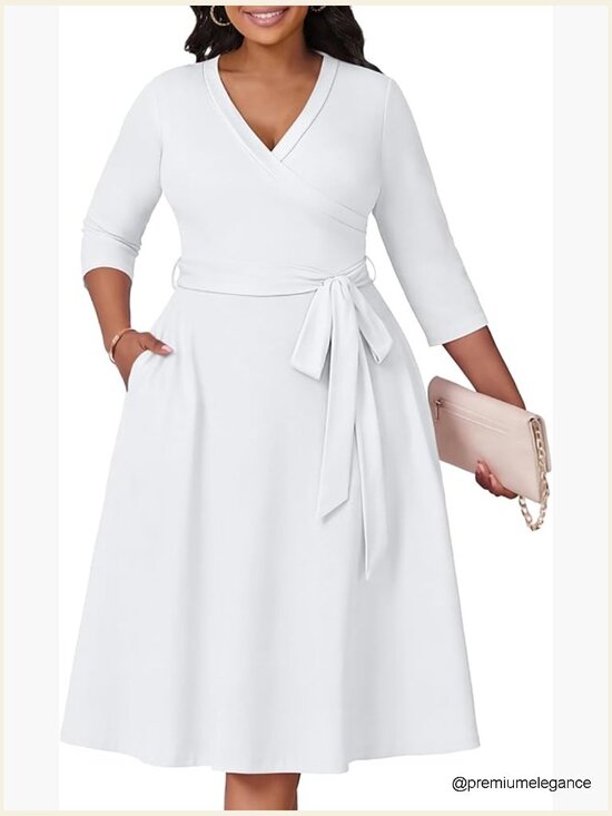 Dresses & Skirts - Plus Size Wrap Cocktail Dress with Pockets 3/4 Sleeve V Neck Midi